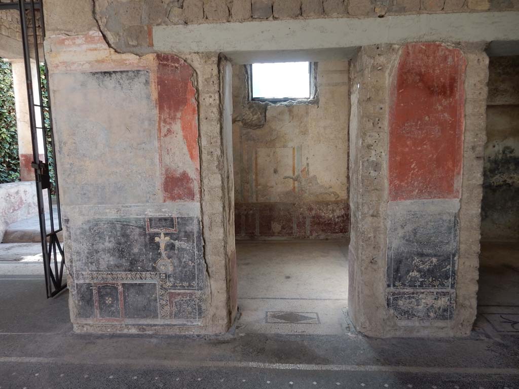 Villa San Marco, Stabiae, June 2019.  
Doorway to room 57, cubiculum in south wall of atrium, on west side of entrance doorway. Photo courtesy of Buzz Ferebee.
