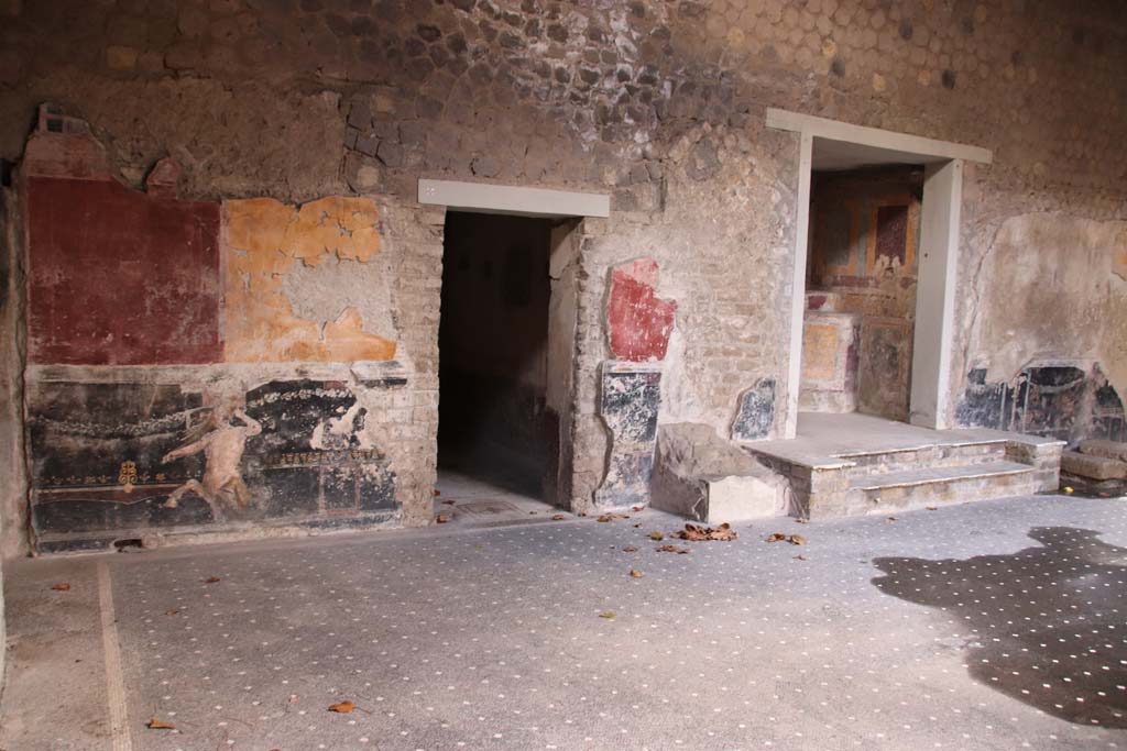 Villa San Marco, Stabiae, October 2020. 
Room 44, south-west corner of atrium, with painting of centaur bottom centre and doorways to rooms 52 (in centre). 
Photo courtesy of Klaus Heese.
