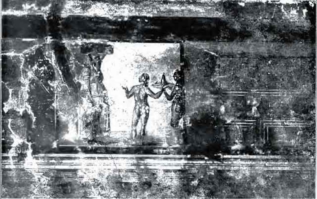 Pompeii. Villa of Mysteries. 1910. Room 4, old photo of wall painting of a sacrifice.