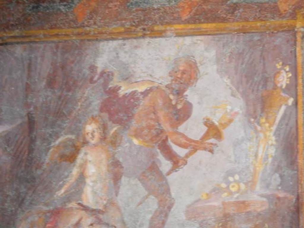 Villa of Mysteries, Pompeii. May 2015. Room 4, detail from painting on upper wall, north-east corner. Photo courtesy of Buzz Ferebee.
