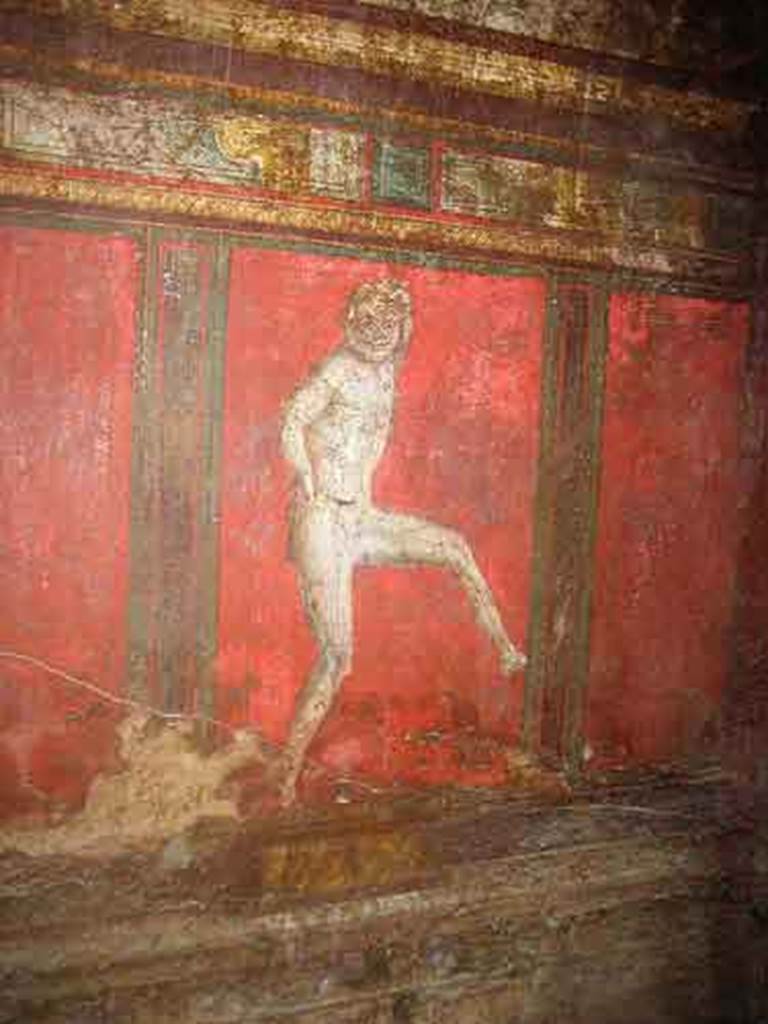 Villa of Mysteries, Pompeii. May 2010. Room 4, wall painting of a dancing satyr, on south wall.