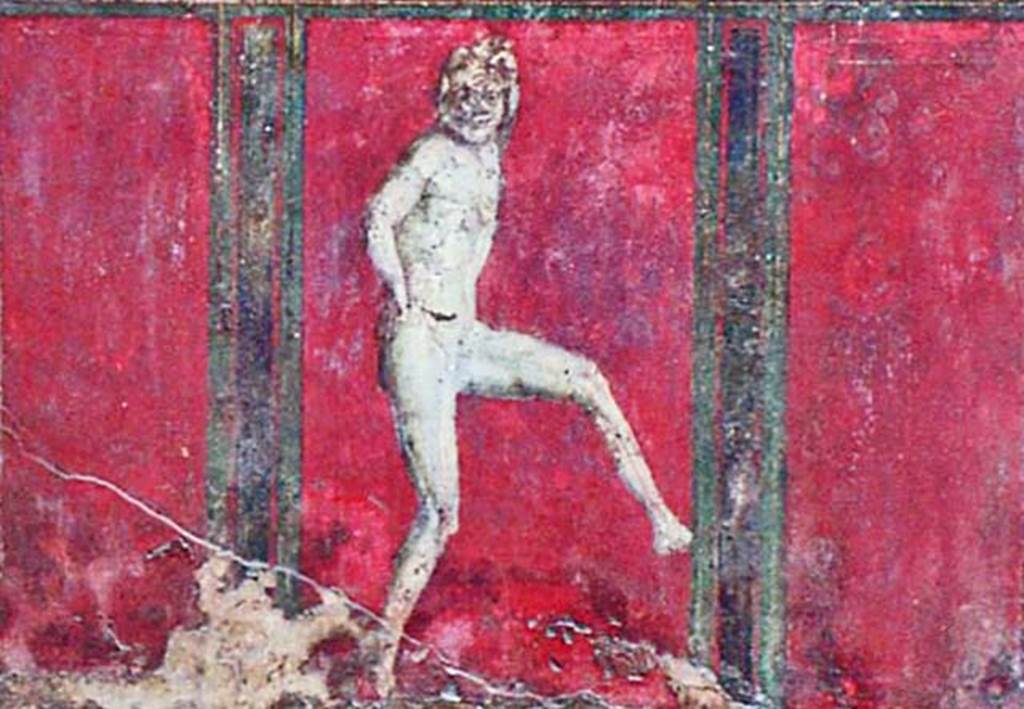 Villa of Mysteries, Pompeii. October 2001. Room 4, dancing satyr on south wall.
Photo courtesy of Peter Woods.
