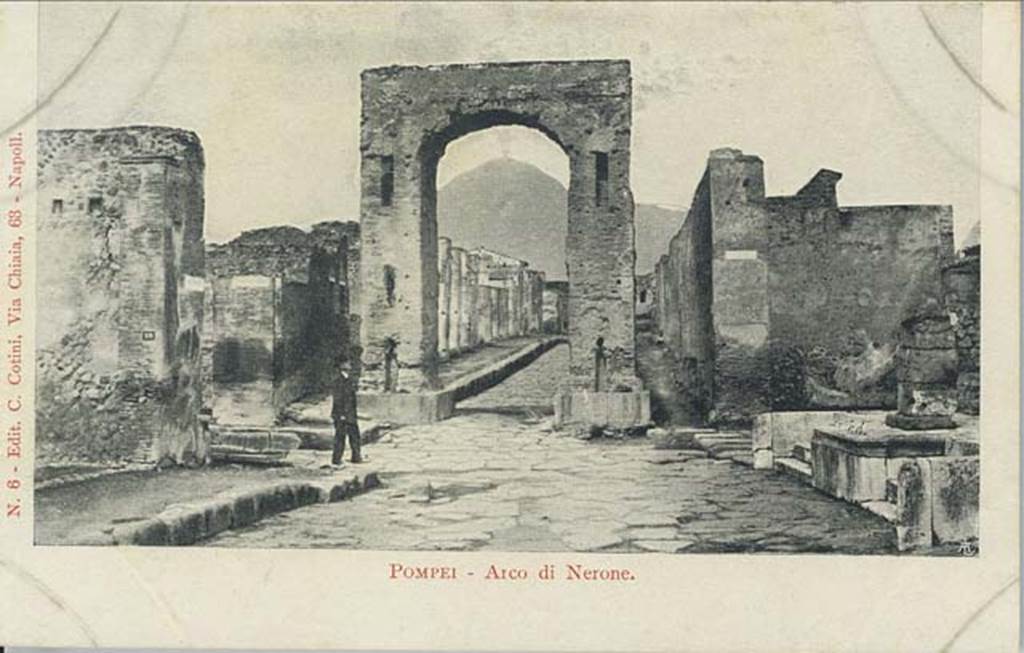 Via del Foro. Late 19th - early 20th century postcard. Looking north to the junction with Via di Mercurio, ahead through the Arch of Caligula, named on postcard as Arch of Nero. 
Photo courtesy of Rick Bauer.