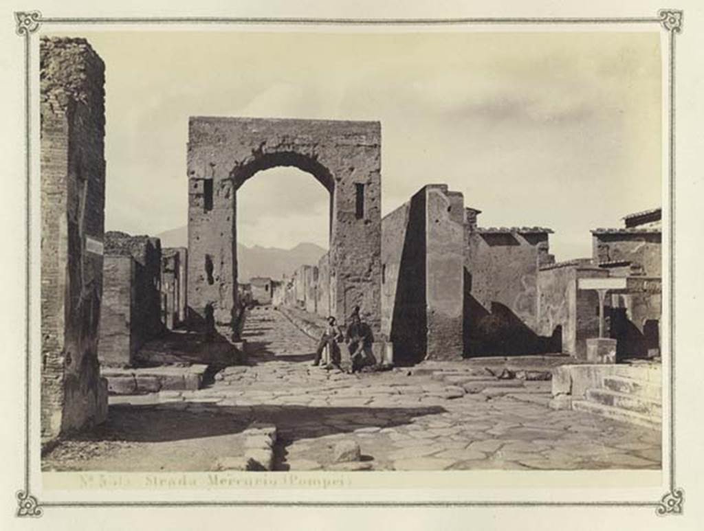 Via del Foro, Pompeii. Album dated January 1874. Looking north towards the junction with Via di Mercurio, and Arch. Photo courtesy of Rick Bauer.
