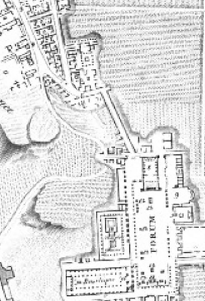 Plan of Forum area, c.1819, drawn by H. Wilkins.
VI.6.1, Pansa House is shown at the top of the straight roadway leading down towards the Forum.
This would seem to show that the way between the north end of the Forum and Pansas House (as mentioned in the Gell drawings above) would have been along the line of the (present) Vicolo delle Terme. 
Perhaps the drawings were from the north side of Vicolo dei Soprastanti (VII.5.14-17) or as already mentioned from VII.6.14/15.  
Only a small section of the Via del Foro on the north-east side of the Forum would appear to have been excavated, as yet.
See Wilkins H, 1819. Suite de Vues Pittoresques des Ruines de Pompei, Rome, p.5, Pl. II.
