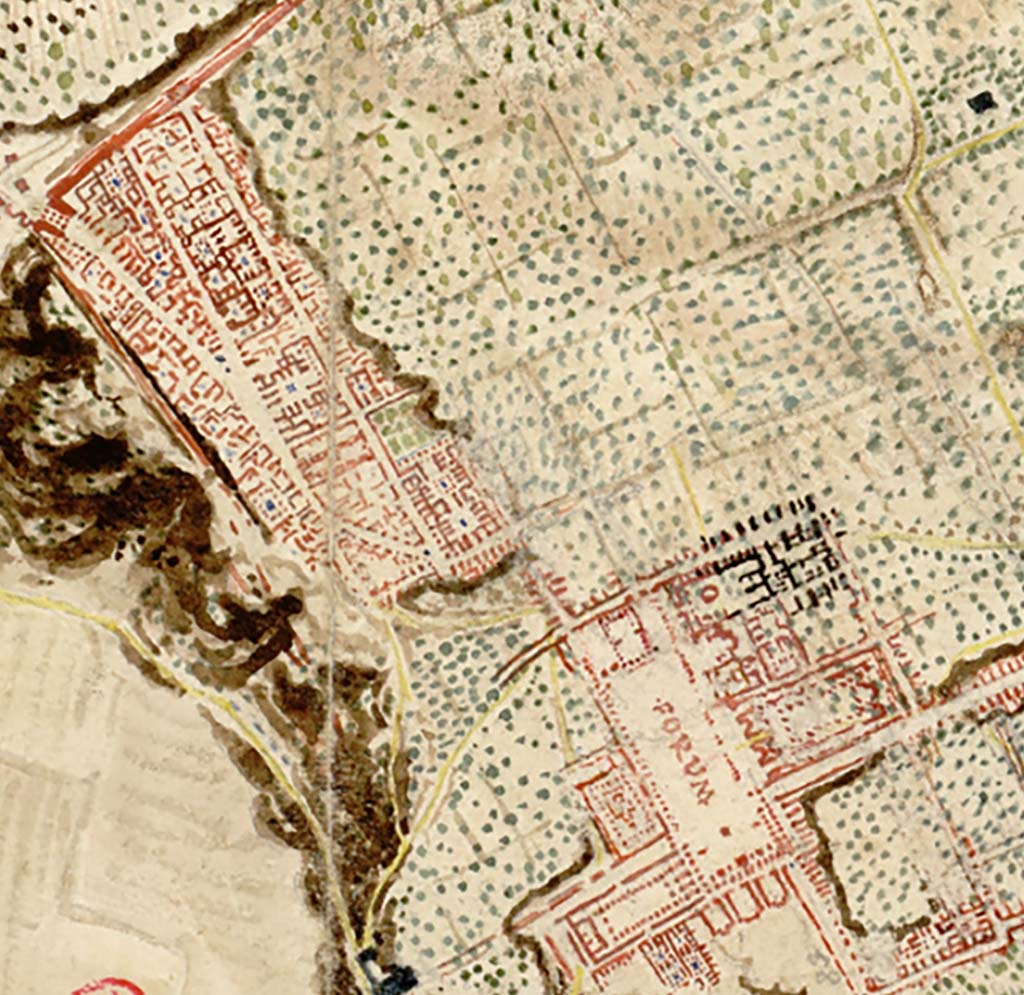 Enlargement of plan of Forum area, c.1810, drawn by W. Gell.
On this plan, on the north-west side of the Forum, the roadway of Vicolo delle Terme is more clearly shown as well as the excavated buildings along the north and east side of VII.6, as well as the buildings on the south side of Vicolo dei Soprastanti (VII.5.14-17) 
See Gell W & Gandy, J.P: Pompeii published 1819 [Dessins publis dans l'ouvrage de Sir William Gell et John P. Gandy, Pompeiana: the topography, edifices and ornaments of Pompei, 1817-1819], pl. 81.
See book in Bibliothque de l'Institut National d'Histoire de l'Art [France], collections Jacques Doucet Gell Dessins 1817-1819
Use Etalab Open Licence ou Etalab Licence Ouverte
See Dessales, H. (2019). Recueils de William Gell  Pompei, publie et indite, 1801-1829. Paris: Hermann, p.158-159, (pl.81) & (p.210).

(These have also been entered in to VII.6.14/15).

