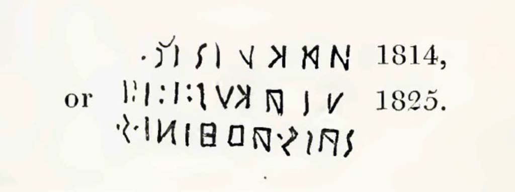 Via dell’Abbondanza, 1814 and 1825, drawing by Gell of Oscan inscription, seen outside VIII.3.2.