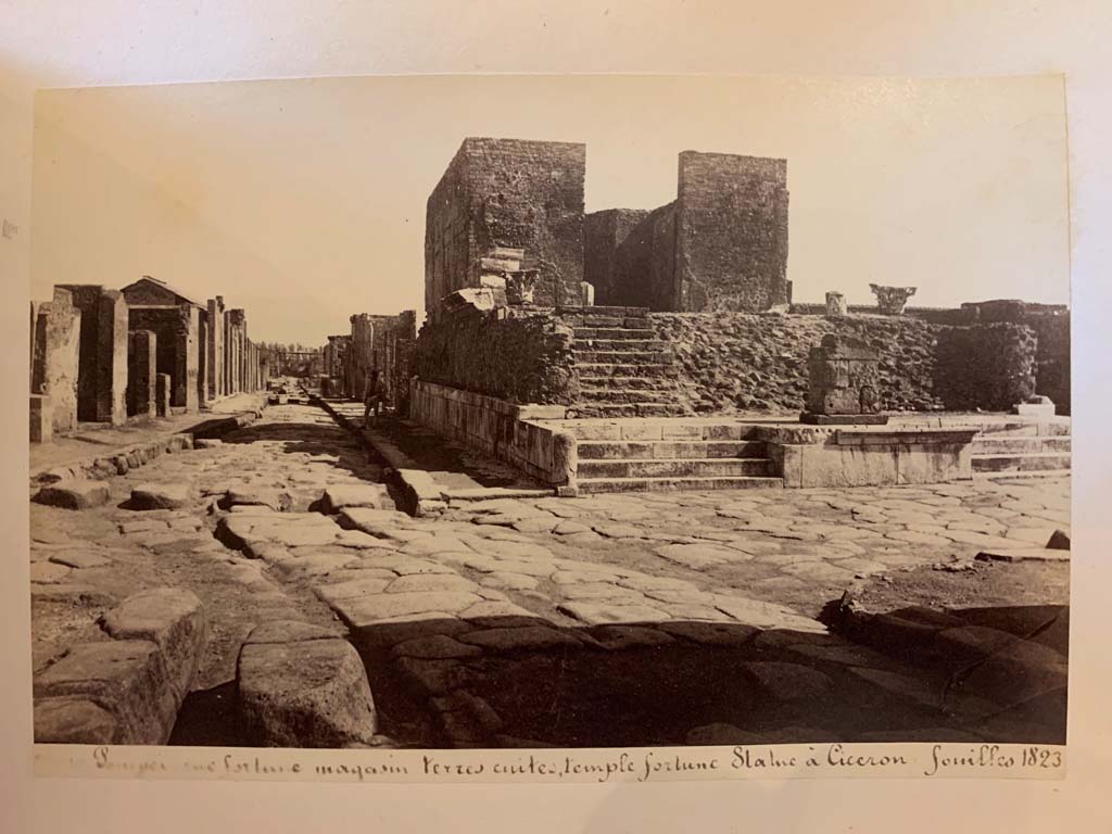 Via della Fortuna, Pompeii.
From an album of Michele Amodio dated 1874, entitled Pompei, destroyed on 23 November 79, discovered in 1745. 
Looking east along VI.10, towards VI.12, on left. Temple of Fortuna Augusta and Via del Foro, on right. Photo courtesy of Rick Bauer.

