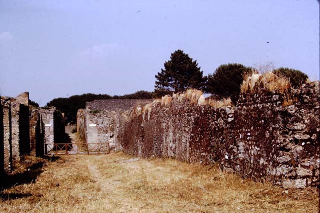 Via della Palestra, Pompeii. 1972. Looking east between I.14 and I.20.  Photo by Stanley A. Jashemski. 
Source: The Wilhelmina and Stanley A. Jashemski archive in the University of Maryland Library, Special Collections (See collection page) and made available under the Creative Commons Attribution-Non Commercial License v.4. See Licence and use details. J72f0072
