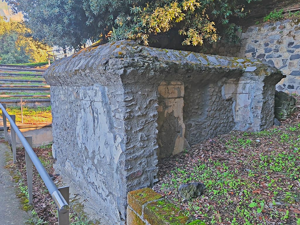 Via delle Tombe, east end, Pompeii. October 2024. Tomb 42EN, south side. Photo courtesy of Giuseppe Ciaramella.