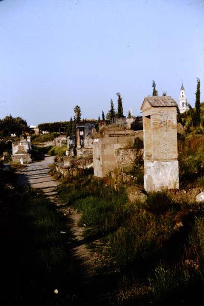 Via delle Tombe, south side. 1964. Looking east towards the junction with Via di Nocera, from Tomb 23OS. 
Photo by Stanley A. Jashemski.
Source: The Wilhelmina and Stanley A. Jashemski archive in the University of Maryland Library, Special Collections (See collection page) and made available under the Creative Commons Attribution-Non Commercial License v.4. See Licence and use details.
J64f1653