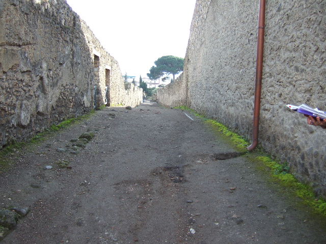 Vicolo dei Fuggiaschi. May 2010. Looking north from above I.21 and I.20 from the south end of the vicolo.