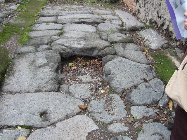 Vicolo di Eumachia. East side. December 2005. Looking north to junction with Vicolo del Balcone Pensile between VII.12 and VII.10. 
