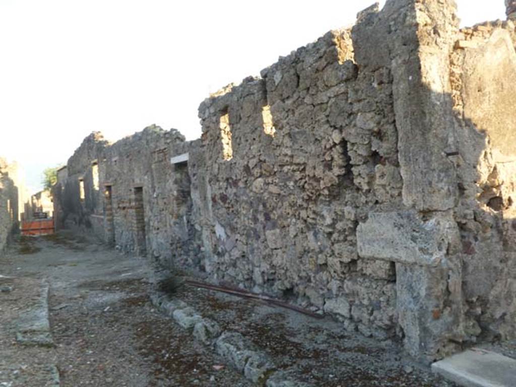 Vicolo della Fullonica, May 2011. Looking south along west side from outside doorway of VI.5.19. 