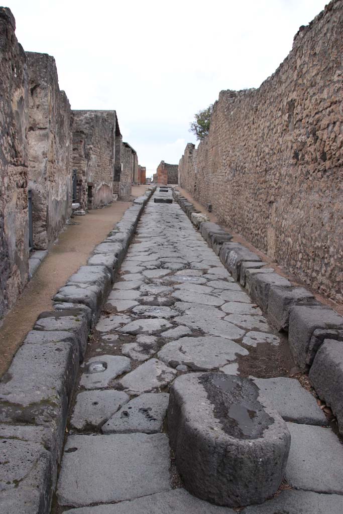 Vicolo della Regina, Pompeii. October 2020. Looking west from near junction with Vicolo dei Dodici Dei, in the year of the pandemic. 
Photo courtesy of Klaus Heese.
