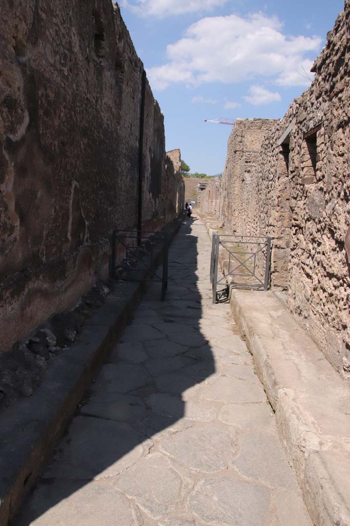 Vicolo di Cecilio Giocondo, Pompeii. September 2021.
Looking north between V.1, on left, and V.2.a, on right, from junction with Via di Nola.
Photo courtesy of Klaus Heese.
