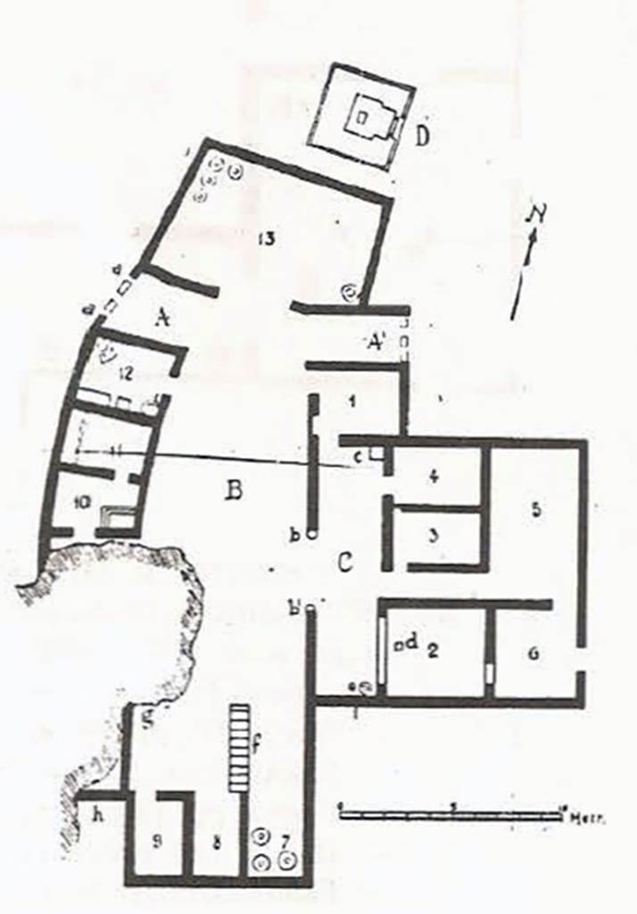 Monumento Funerario del Fondo Prisco. Plan of villa and tomb.
The Villa rustica was found on the fondo of Antonio Prisco, at the Civita-Giuliana, Boscoreale (today Pompeii).
It was excavated by cav. Carlo Rossi-Filangieri from February to July 1903. 
The building followed an already existing public roadway on the western front side.
On the roadway was an adjoining burial monument “D”.
The front façade was decorated with two portrait busts and a marble slab, on which however the funeral title had not yet been incised.
See Della Corte M., Notizie degli Scavi di Antichità, 1921, p. 416.