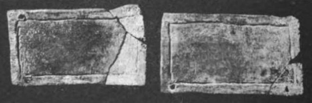 Pompeii Fondo Azzolini. Tomb 10. Two lead curse tablets, width 0.08m by 0.05m were found near to the ground, in front of the uninscribed columella of the Tomb.
See Notizie degli Scavi di Antichità, 1916, p. 304, fig. 15.
See Cooley, A. and M.G.L., 2004. Pompeii: A Sourcebook. London: Routledge. (p. 138).
