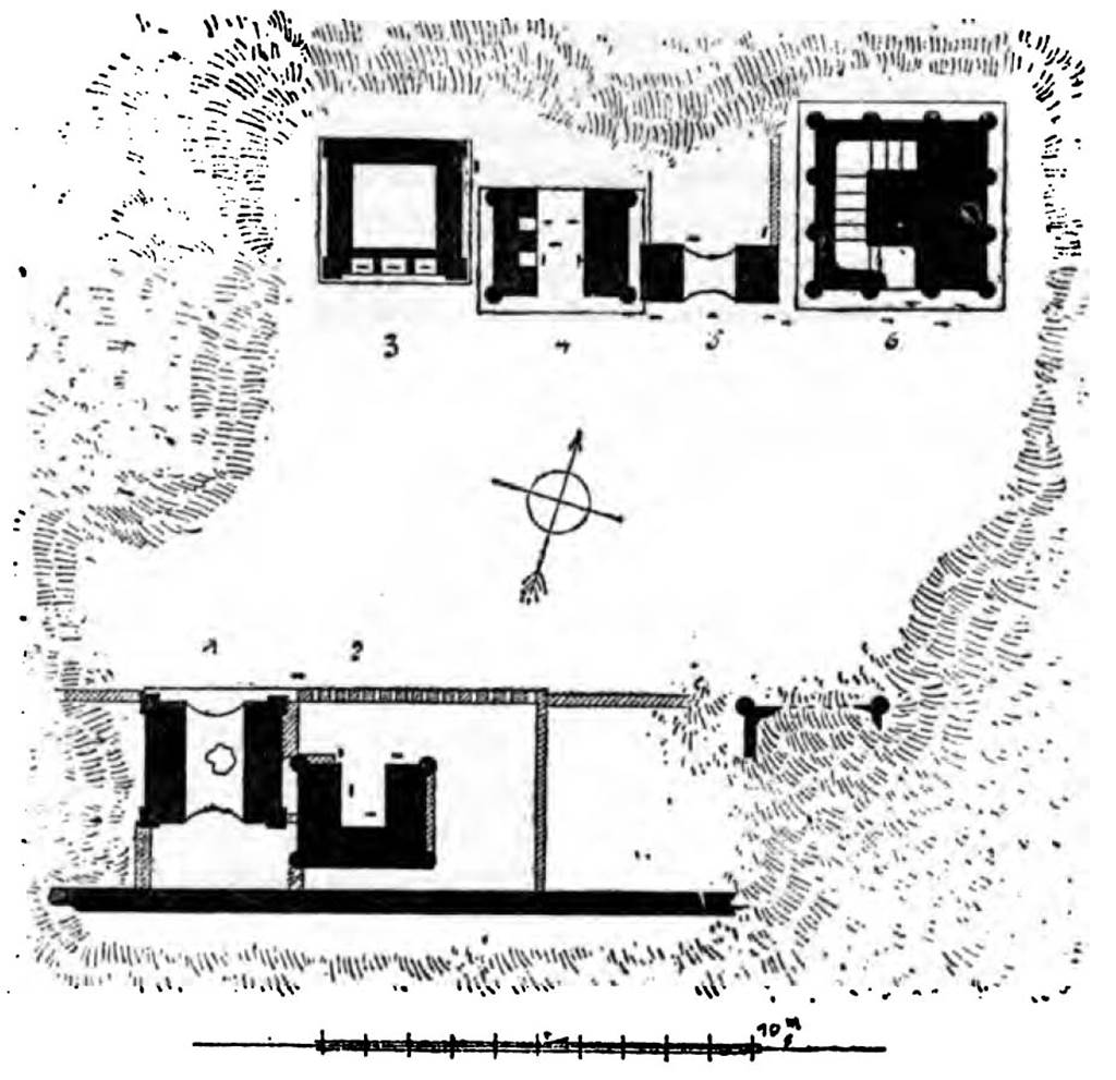FP4 Pompeii. 1888 plan of tombs FP1 to FP6 by Mau. The arrangement of the five bust stones found in the vaulted passage is indicated on the plan. At the rear under the second niche, were two stones, that on the left being larger and with female characteristics.
According to Mau, “We are probably safe in assuming that the two inmost stones, without names, are those of Caesius and Titia, who gave Logus, Vesbina, and Optata their freedom, and built the monument. It was not necessary to place the names of the builders upon the commemorative stones, because they were doubtless given in the memorial tablet in front, which has disappeared. Coins of Augustus and Tiberius were found in the urns.” The three nearest the street entrance bore the names of the freedman and two freedwomen. See Mau, A., 1907, translated by Kelsey F. W. Pompeii: Its Life and Art. New York: Macmillan. (p. 433). See Mau, A., 1888. Mitteilungen des Kaiserlich Deutschen Archaeologischen Instituts, Roemische Abtheilung Volume III, p. 181.