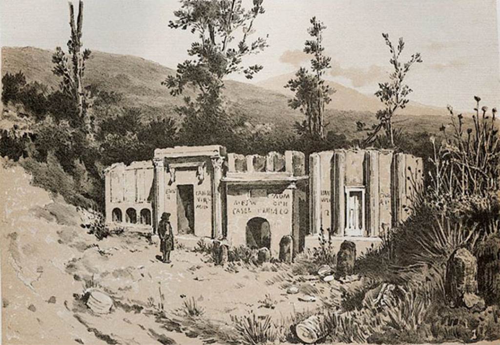 Pompeii FP3 left, FP4, FP5 and FP6. Late 19th century painting showing tombs and painted graffiti. See Niccolini F, 1896. Le case ed i monumenti di Pompei: Volume Quarto. Napoli.  (Nuovo Scavi, Tav.1).
