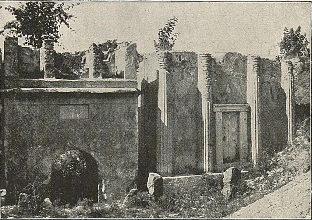 Pompeii FP1. 1886 drawing of tomb front and cross section showing upper storey. See Maier H., 1886. Centralblatt der Bauverwaltung, No 46, p. 451, fig. 3.