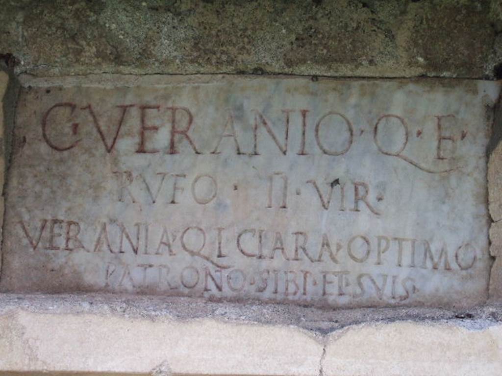 FPNF Pompeii. Inscription written in charcoal above the plaque. See D’Ambrosio A. and De Caro S., 1988. Römische Gräberstraßen. München: C.H.Beck. p. 209, abb. 60b.
