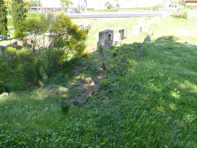 FPSA Pompeii. August 2011. Looking east along rear of tomb.
Photo courtesy of Peter Gurney.
The tomb area had four columella (in foreground, now buried) in a line north (left in this photograph) to south.
According to D’Ambrosio and De Caro, at the north end was an inscribed marble columella.
L NONIVS
CELER VIXIT
ANNVM ET ME
SES QVATOR
They expanded this to
L(ucius) Nonius
Celer Vixit
Annvm Et Me(n)
ses Quat(tu)or
South of this was a second taller inscribed columella
A STATIVS
MOSCHUS
They expanded this to
A(ulus) Statius
Moschus
The third columella was not inscribed.
The southmost columella was facing north
HYGIA
VIX AN XVI
They expanded this to
Hygia
Vix(it) an(nis) XVI
See D’Ambrosio A. and De Caro S., 1988. Römische Gräberstraßen. München: C.H.Beck. p. 216, taf. 35f-g.
