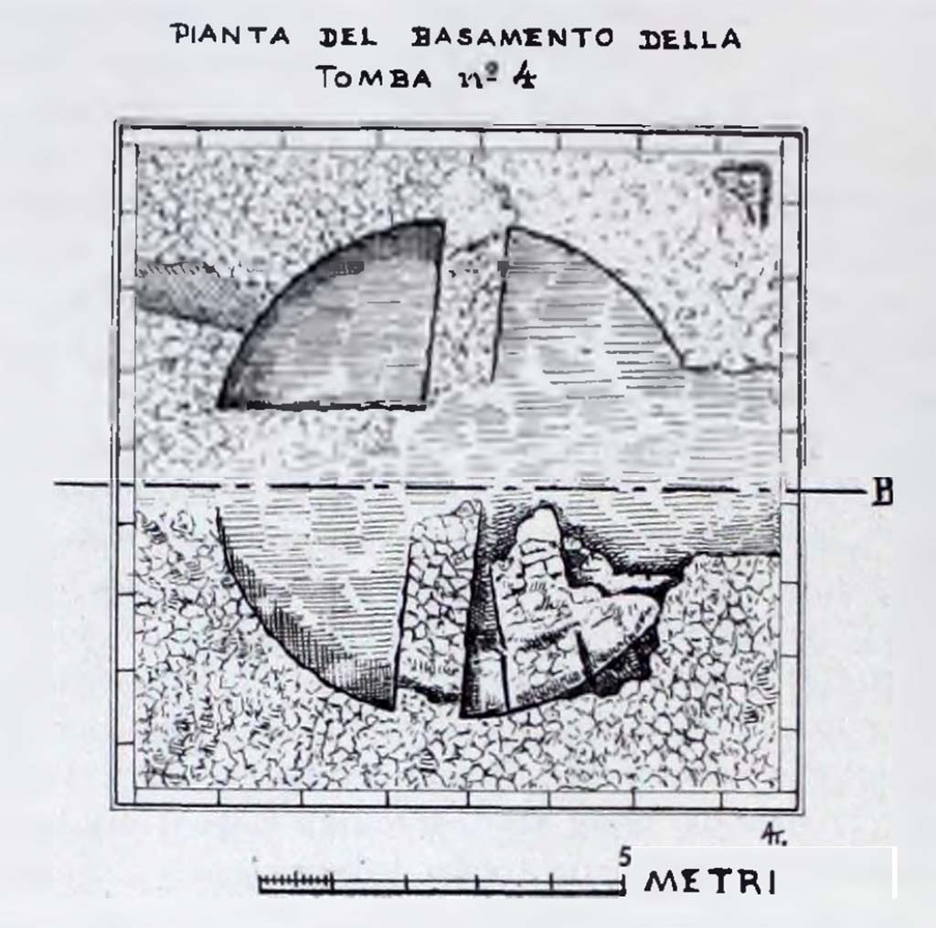 HGE04 Pompeii. 1933-35. Plan of base of tomb showing wall that cuts across the tomb.
What remains of the ancient sepulcher is a large square base of 9.30m by 9.30m, the largest of all the funeral buildings on the Via delle Tombe.
See Notizie degli Scavi di Antichit, 1943 (p.300, fig. 16).
