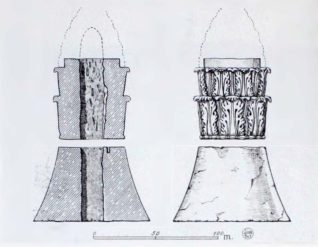 HGE04 Pompeii. 1943 drawing by L. Oliva of the cone and capital found by Maiuri who suggests they would have been joined on a wooden axis.
According to Maiuri adding a terminal element to the acanthus shaped capital, as represented in this drawing, would form a conical acroterion with acanthus motives.
This acroterion, due to the very place of the discovery, could only belong to the monumental tomb no. 4, and would have constituted its terminal element.
See Notizie degli Scavi di Antichit, 1943, p. 303-4, fig. 18.
