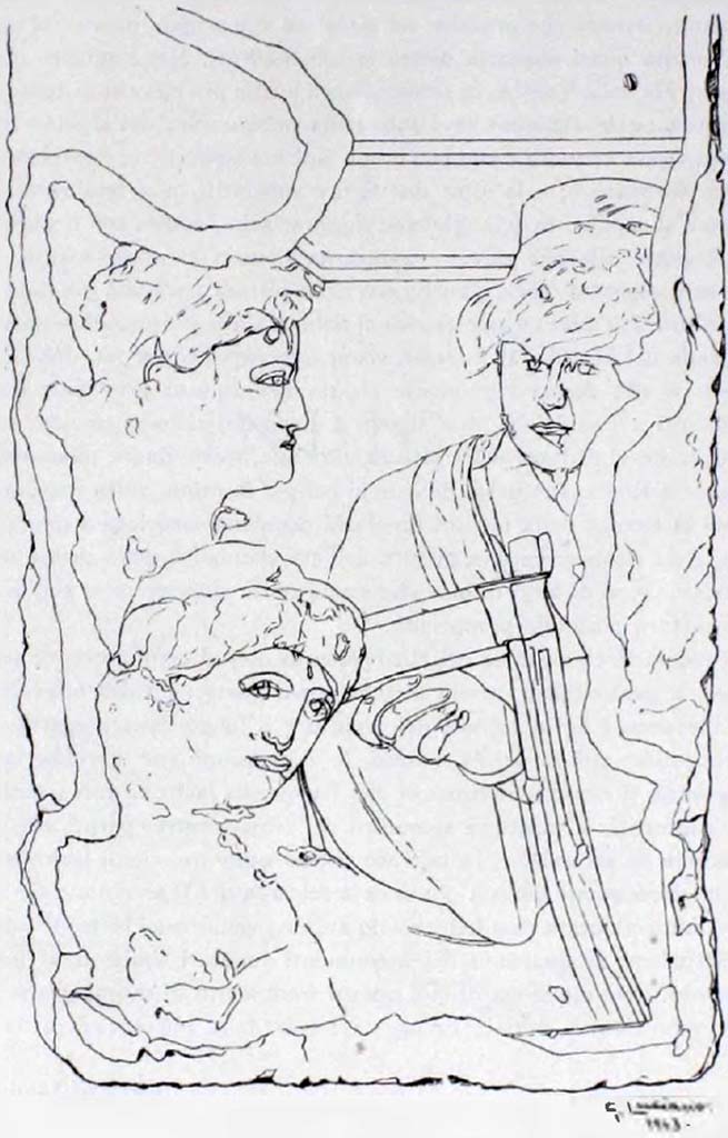 HGE04 Pompeii. Drawing of a fragment of a large painting, found in the same area as the decorative architecture of Tomb. No.4.
According to Maiuri, this appears to be a musical scene with three female figures and a fourth from a missing adjacent slab of which only the hand remains. 
The main figure is a young woman seated left listening intently as the hand of a [missing] fourth person plays the zither. 
At the rear on the left is an older female figure with a stern expression. On the right is a younger woman perhaps a maid of the seated lady.
The technique and style take us outside the wall painting, as we know so far in Campania and Rome. In this painting in which for the first time we find used in Pompeii the technique of funerary Campania associated with a limestone structure, we must recognize a painting from the Hellenistic age of the first half of the second century BC. outside what we usually consider the development of the common Pompeian wall painting.
See Notizie degli Scavi di Antichit, 1943, p. 310-314, fig. 27, (1933-5 excavations).
