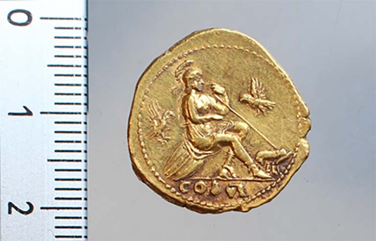 Aureus of Vespasian. One of the gold coins, abandoned in the middle of the skeletons.
77-78 AD Personification of Rome, the left foot, inwards, rests on a helmet. 
At the feet, on the right, the she-wolf breastfeeding Romulus and Remus.
Photo  S. Zanella/S. De Rosa  EFR.

Aureus de Vespasien. Une des monnaies en or, abandonne au milieu des squelettes.
77-78 ap. J.-C. Personnification de Rome, le pied gauche, vers lintrieur, repose sur un casque. 
Aux pieds,  droite, la louve allaitant Romulus et Remus.
Photo  S. Zanella/S. De Rosa  EFR.

See Pompei- le secteur de la Porte dHerculanum  Pompi Centre Jean Brard
