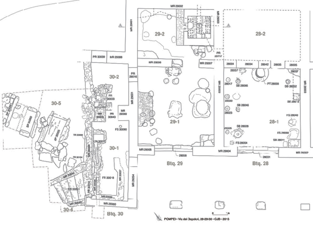 Plan of the potter's workshop (shops N28-N30) and burials (1:50th). G. Chapelin, B. Lemaire  CJB/EFR/CNRS - CC BY-NC-ND 4.0

Plan de latelier de potier (boutiques N28-N30) et des spultures (1 : 50e). G. Chapelin, B. Lemaire  CJB/EFR/CNRS - CC BY-NC-ND 4.0

See Pompi, Porta Ercolano : organisation, gestion et transformations dune zone suburbaine : Campagne 2015, fig. 15. CEFR 1581
