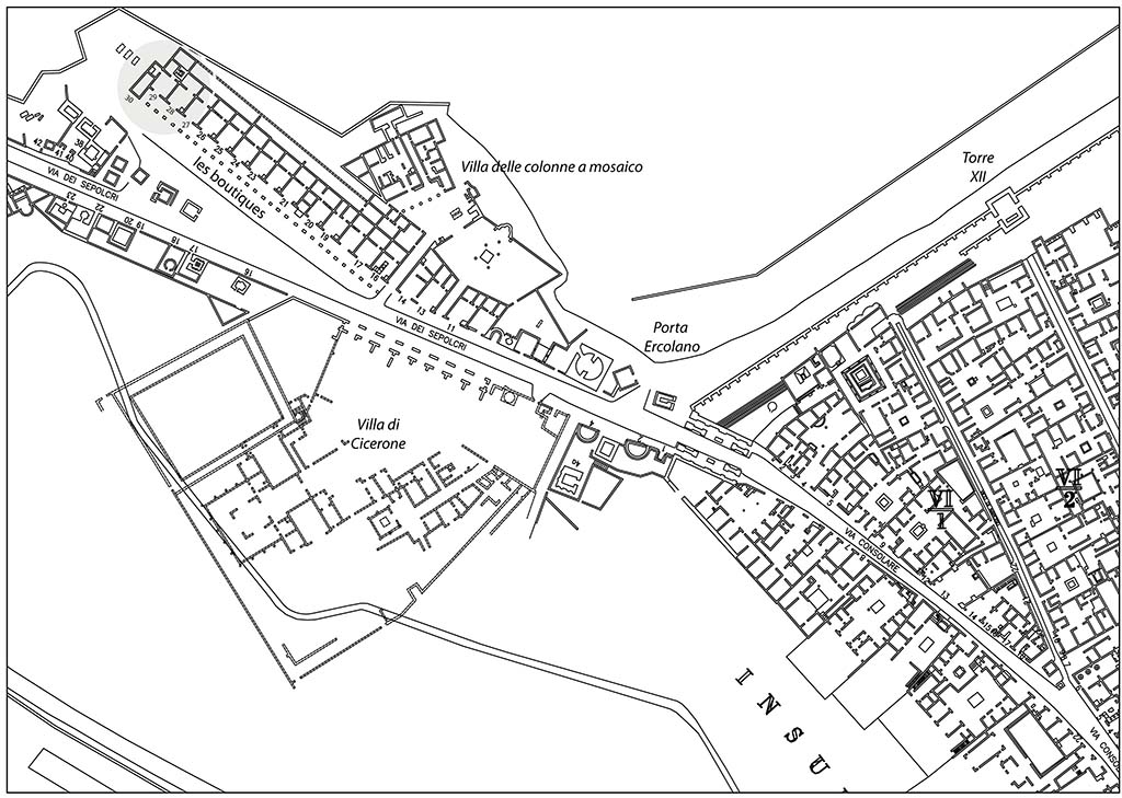 Fig. 1 - Plan des boutiques situes le long de la via dei sepolcri.
Daprs Van der Poel 1983.
