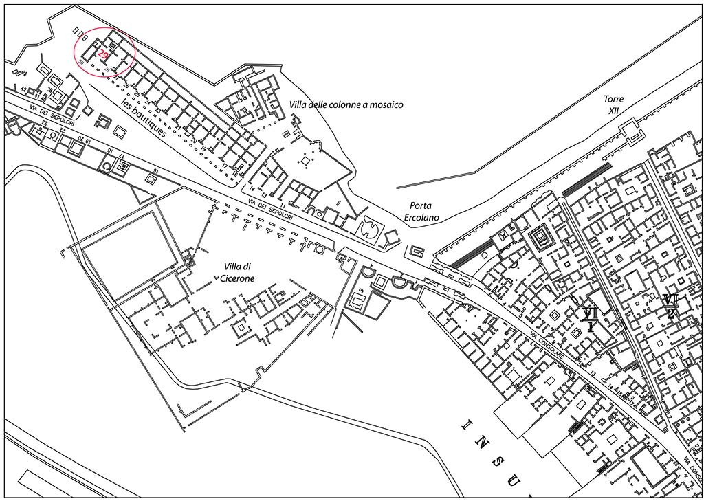 Fig. 1 - HGE29 Pompi. Plan des boutiques situes le long de la via dei Sepolcri.  
Daprs A. Van der Poel, Corpus Topographicum Pompeianum: The Rica maps of Pompeii, 1983.

