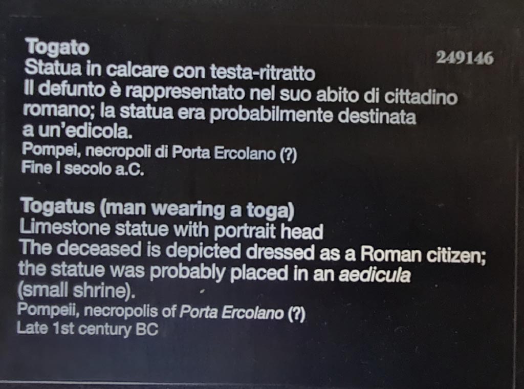HGE39 Pompeii. April 2023. 
Descriptive card for inv. 249146 from “Campania Romana” gallery in Naples Archaeological Museum. Photo courtesy of Giuseppe Ciaramella.

