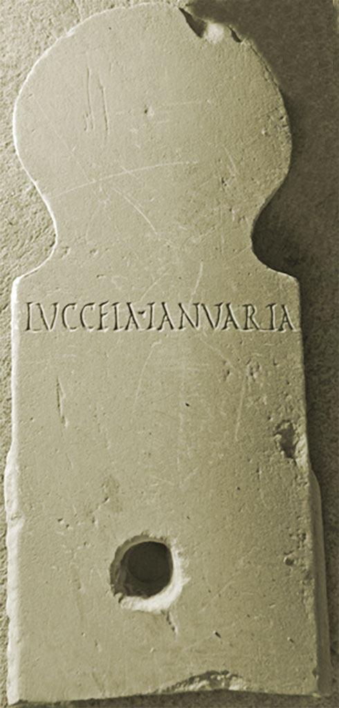 HGE39 Pompeii. Cippus of LVCCEIA IANVARIA.
SAP inventory number 34234.
According to the Epigraphic Database Roma this reads:
Lucceia Ianuaria   [CIL IV 1022]
