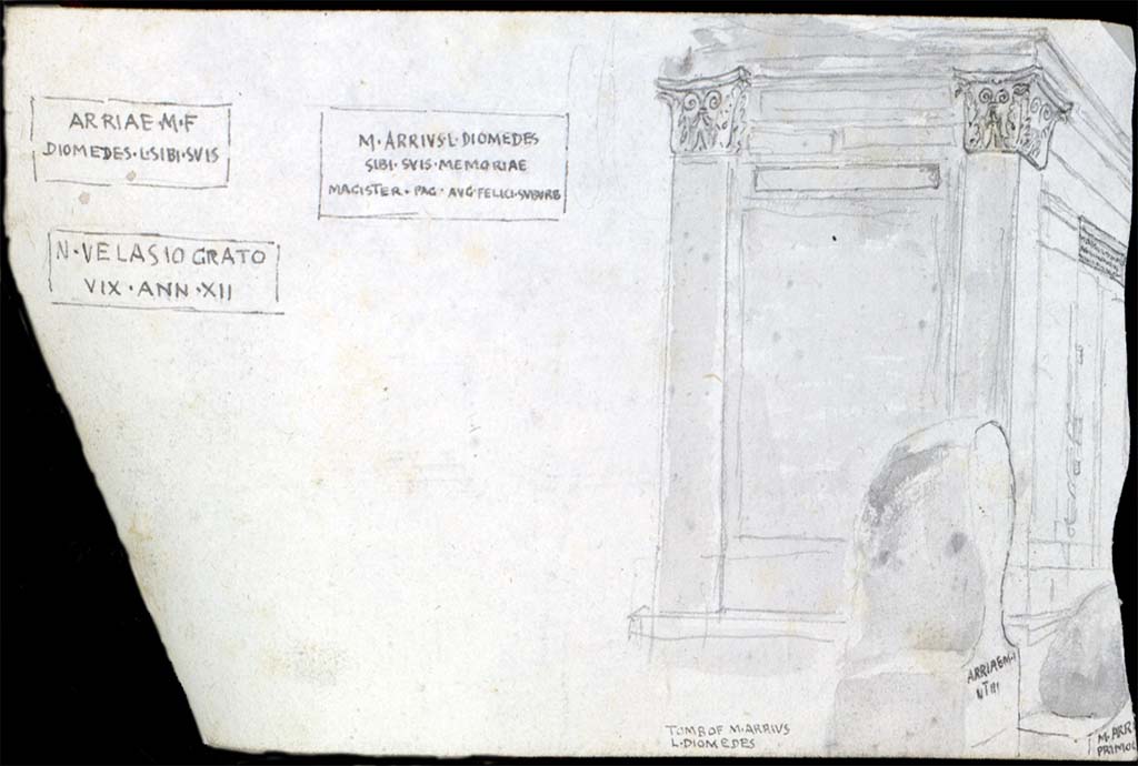 HGE42 Pompeii. c.1819 sketch by W. Gell, looking towards north and west side of tomb and showing items around the tomb. 
See Gell W & Gandy, J.P: Pompeii published 1819 [Dessins publis dans l'ouvrage de Sir William Gell et John P. Gandy, Pompeiana: the topography, edifices and ornaments of Pompei, 1817-1819].
See book in Bibliothque de l'Institut National d'Histoire de l'Art [France], collections Jacques Doucet Gell Dessins 1819
Use Etalab Open Licence ou Etalab Licence Ouverte
