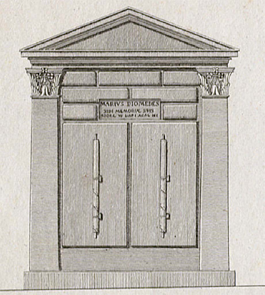 HGE42 Pompeii. 1824 drawing by Mazois showing front of tomb. The rendering of the plaque is inaccurate.
See Mazois, F., 1824. Les Ruines de Pompei: Premiere Partie. Paris: Didot Frres, (pl. 4, fig. 5).
