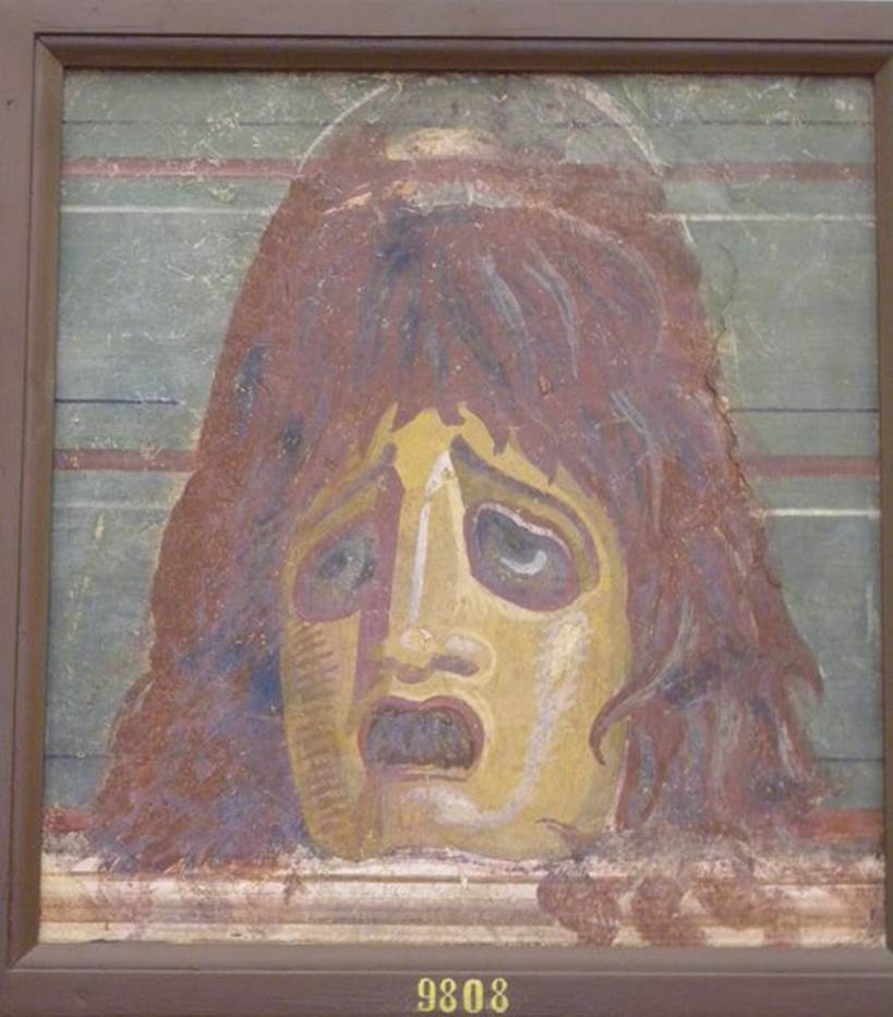 HGW04a Pompeii. Found 2nd July 1763 on the north wall of the enclosure separating HGW04a from HGW04. Wall painting of mask. Now in Naples Archaeological Museum.  Inventory number 9808. See Pagano, M. and Prisciandaro, R., 2006. Studio sulle provenienze degli oggetti rinvenuti negli scavi borbonici del regno di Napoli. Naples : Nicola Longobardi.  (p. 44). See PAH 1 2 Addenda, p. 113, no. 9.