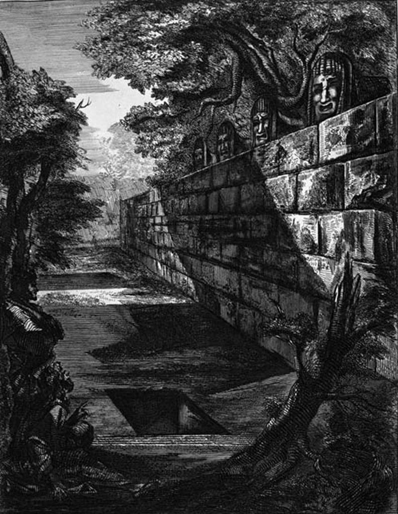 HGW04c Pompeii. 1804 drawing of the ustrinum of the tomb of Mamia. The four masks can be seen on the wall to the right  See Piranesi, F, 1804. Antiquites de la Grande Grece: Tome 2. Paris: Piranesi and Le Blanc. (pl. 43).