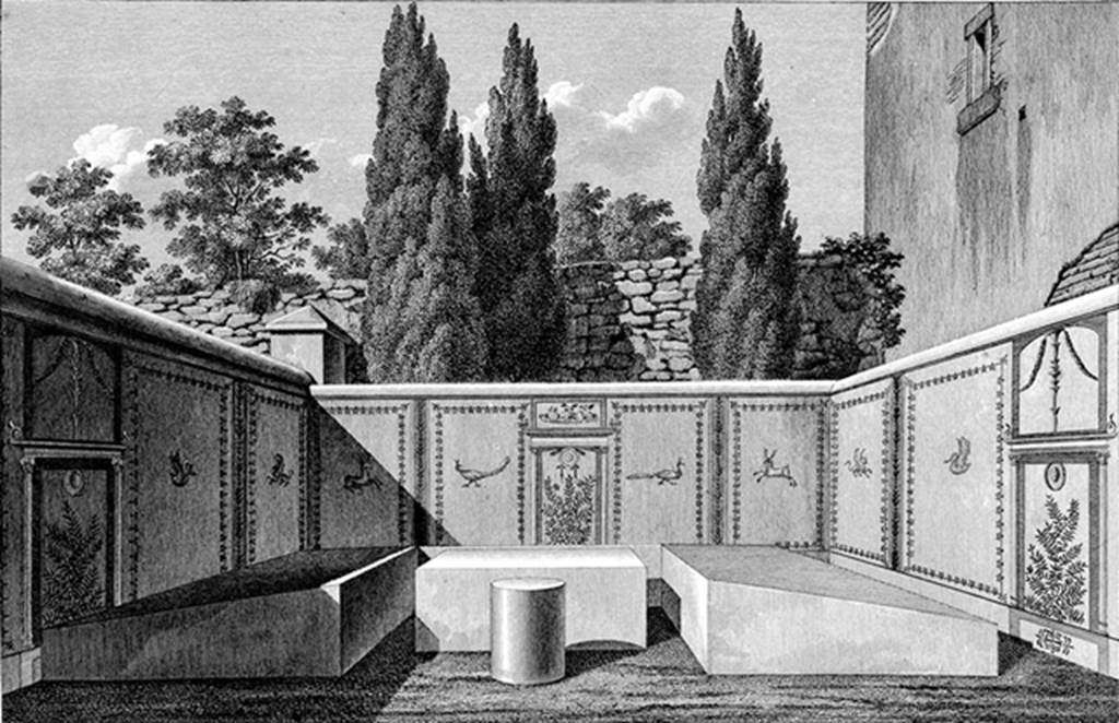 HGW23 Pompeii. 1824. Reconstruction illustration by Mazois of original decoration of tomb, looking west. 
The triclinium was found on the 28th January 1775.
See Mazois, F., 1824. Les Ruines de Pompei: Premiere Partie. Paris: Didot Frres. (Pl. XX, 3).
See Fiorelli G., 1860. Pompeianarum antiquitatum historia, Vol. 1: 1748 - 1818, Naples, addendum p. 160.

