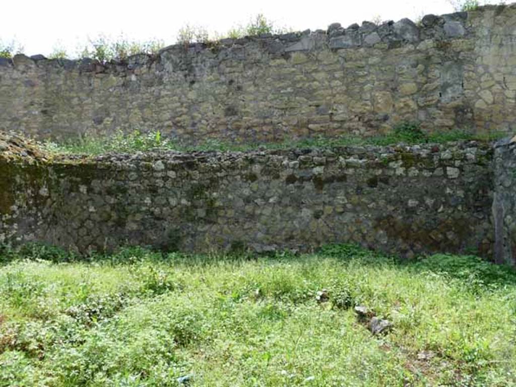 HGW23 Pompeii. May 2010. Looking towards west side with remains of triclinium.
According to Soprano, the triclinium was covered with red plaster with pretty paintings depicting plants and animals: even the walls of the room were elegantly decorated.
Of the three beds, on an inclined plane, the l. imus was longer than the summus and the l. medius was unusually long.
The table was largely demolished, and completely demolished was a small circular pedestal that was in front of it and which was to be used for libations or to support the image of the deceased.
See Soprano, P. (1950). I triclini all’aperto di Pompei. (In Pompeiana, raccolta di studi per il secondo centenario degli scavi di Pompei. Napoli, Gaetano Macchiaroli, Editore, p.304, no.21.
