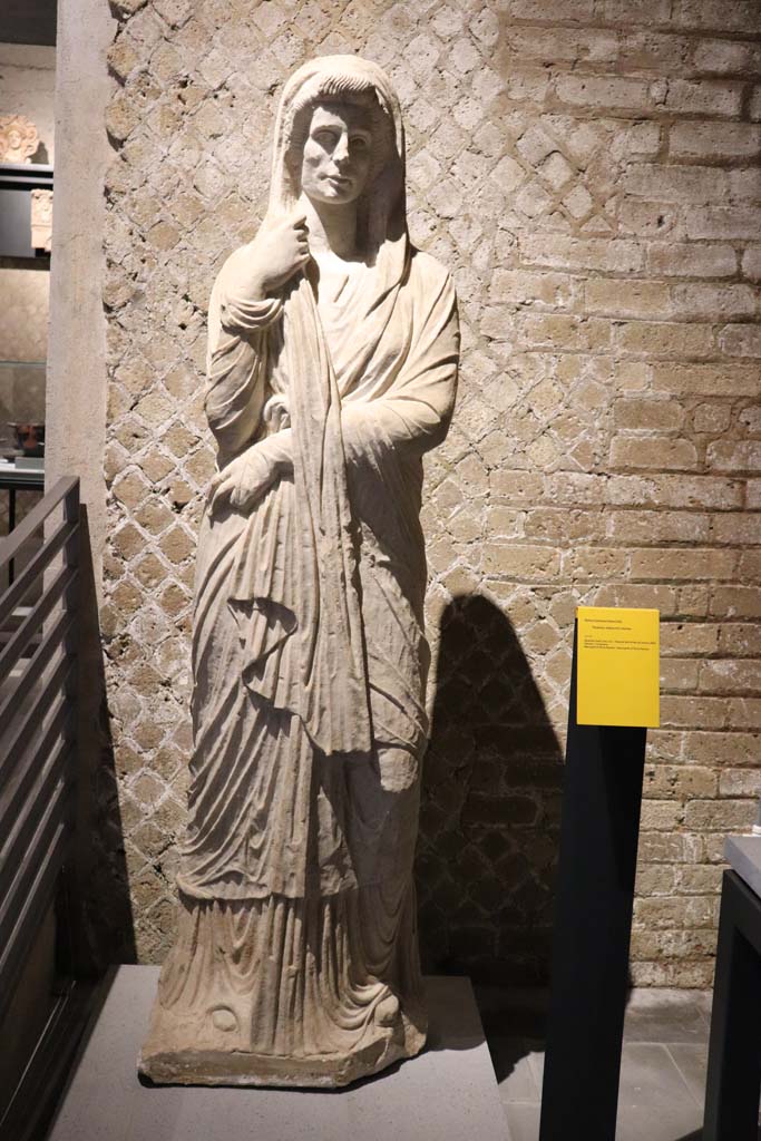 Pompeii Porta Nocera, Tomb 6EN. February 2021. 
Limestone funerary statue of a woman, on display in Antiquarium. 
Photo courtesy of Fabien Bivre-Perrin (CC BY-NC-SA).
