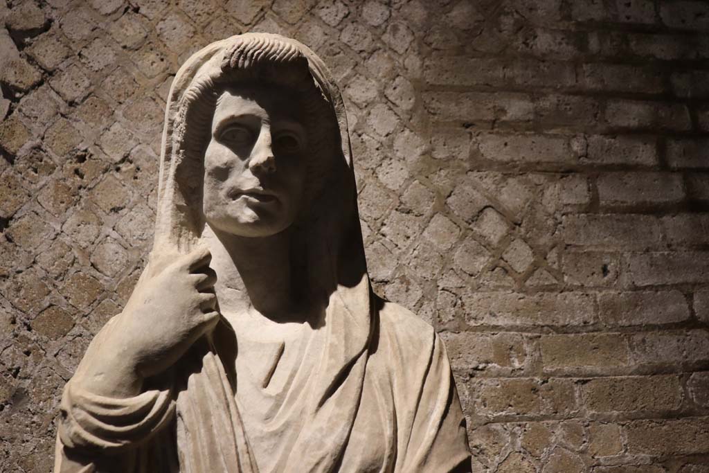 Pompeii Porta Nocera, Tomb 6EN. February 2021. 
Detail from Limestone funerary statue of a woman, on display in Antiquarium. Photo courtesy of Fabien Bivre-Perrin (CC BY-NC-SA).
