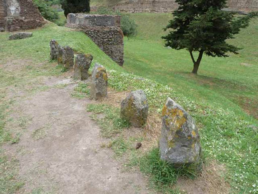 Pompeii Porta Nocera. May 2010. Tomb 34EN looking west to 30EN,  and 32EN, down the slope.