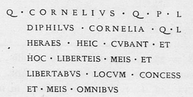 PM3 Pompeii. Inscription on marble cippus of Quintus Cornelius Diphilus, Cornelia Heraes and their own freedmen and freedwomen.
Found 27th November 1756.

Q(uintus) Cornelius Q(uinti) P(ubli) l(ibertus) / Diphilus Cornelia Q(uinti) l(iberta) / Heraes h{e}ic cubant et / hoc liberteis meis et / libertabus locum concess(i) / et meis omnibus      [CIL X, 1049 = CIL I, 1638 = ILLRP 956]

Quintus Cornelius Diphilus, freedman of Quintus and Publius, Cornelia Heraes, freedwoman of Quintus lie here and this place is given to my freedmen and freedwomen and all of mine.

This is one of the more extensive inscriptions with the character of inscriptions marking family tombs. 
The language is typical of inscriptions marking masonry group tombs intended to house the graves of several individuals, suggesting that the excavators uncovered both group tombs and individual burials marked by columelle in this area. 
We must assume that this recorded inscription represents a far larger number of tombs and grave markers without inscriptions that went unmentioned in the reports.
See Emmerson A. L. C., 2010. Reconstructing the Funerary Landscape at Pompeii's Porta Stabia, Rivista di Studi Pompeiani 21.
See Campbell V. L., 2017. The Tombs of Pompeii: Organization, Space, and Society. London: Routledge, p. 334.
See Guarini R., 1837. Fasti Duumvirali di Pompei. Napoli: Mirandi, p. 44.
See De Jorio A., 1836. Guida di Pompei. Napoli: Fibreno, p. 170 no. 14.

