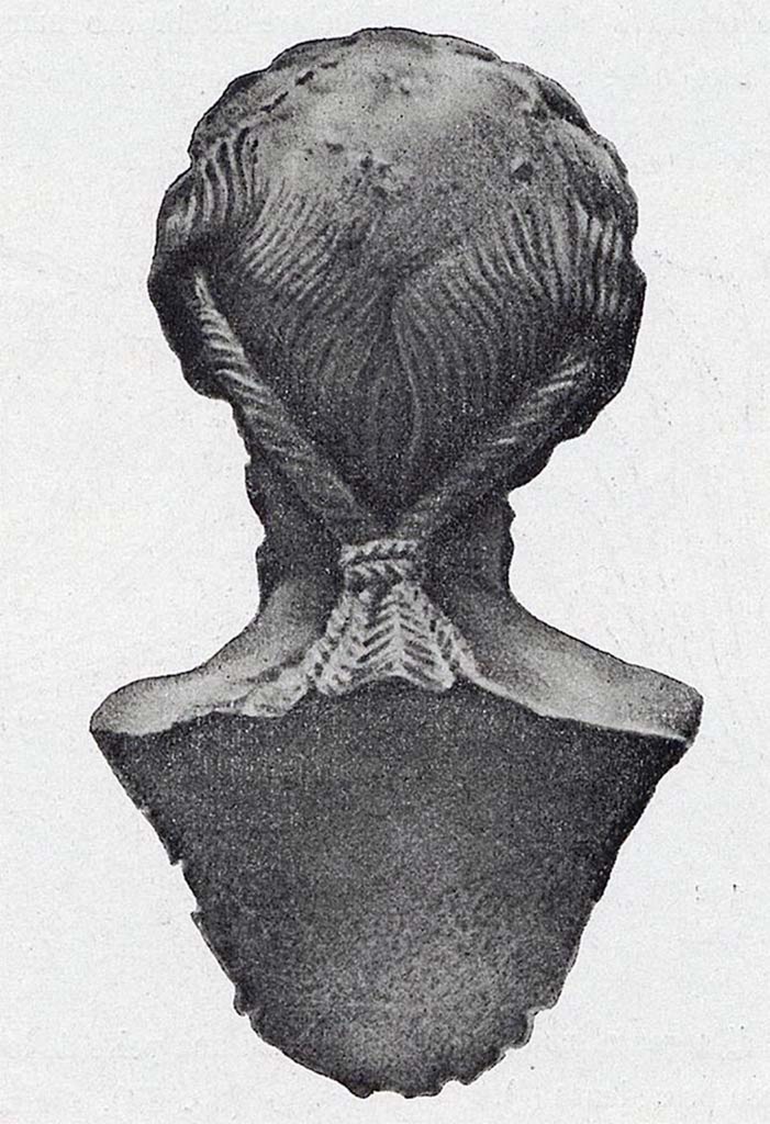 Villa della Pisanella, Boscoreale. Female silver bust. Rear view of hair style tied at the nape of the neck.
See Pasqui A., La Villa Pompeiana della Pisanella presso Boscoreale, in Monumenti Antichi VII 1897, p. 415 fig. 13.
