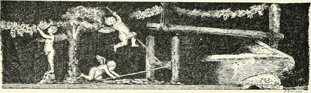 Boscoreale, Villa della Pisanella. 1899. Fresco showing Cupids working a press from VI.15.1 House of the Vettii.
See Mau, A., 1899, translated by Kelsey F. W. Pompeii: Its Life and Art. New York: Macmillan, p. 330, fig. 161.
