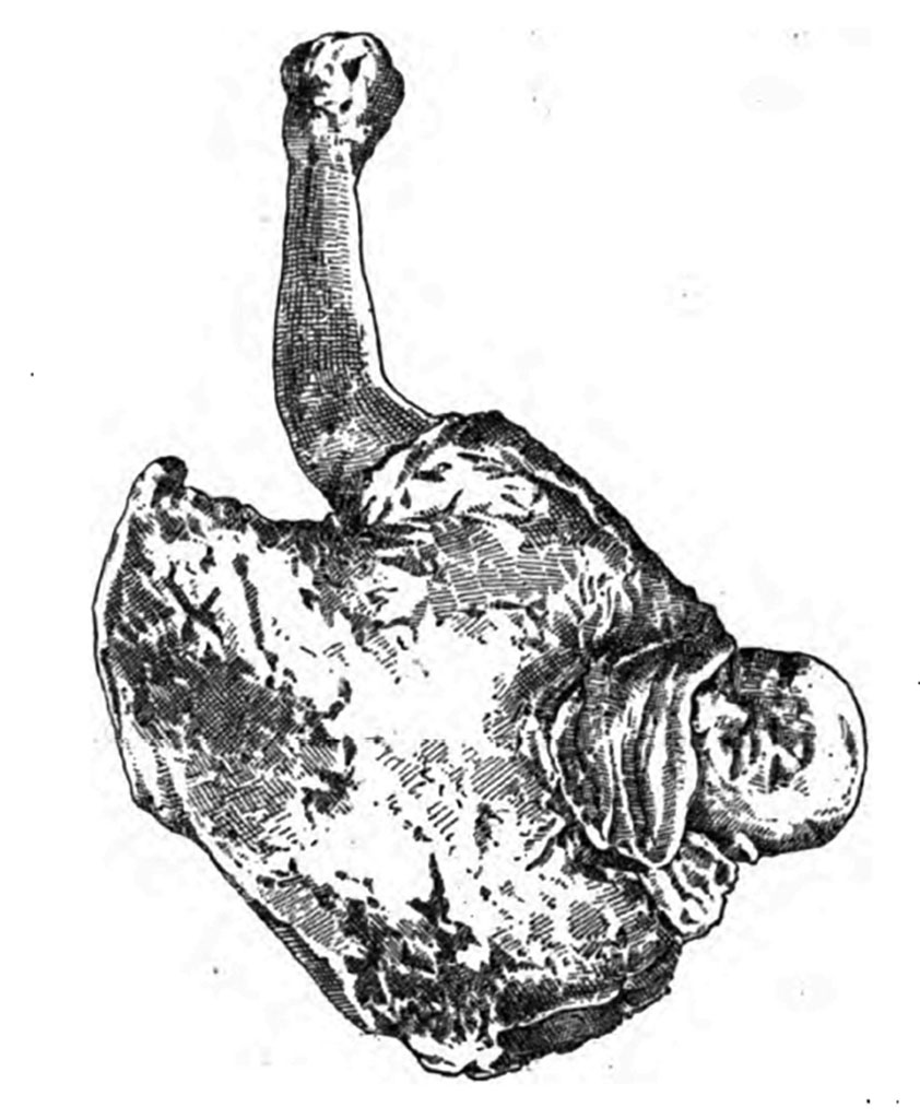 Boscoreale, Villa della Pisanella. 1897. Torcularium. Body cast of head and abdomen.
See Pasqui A., La Villa Pompeiana della Pisanella presso Boscoreale, in Monumenti Antichi VII 1897, fig. 53d.
