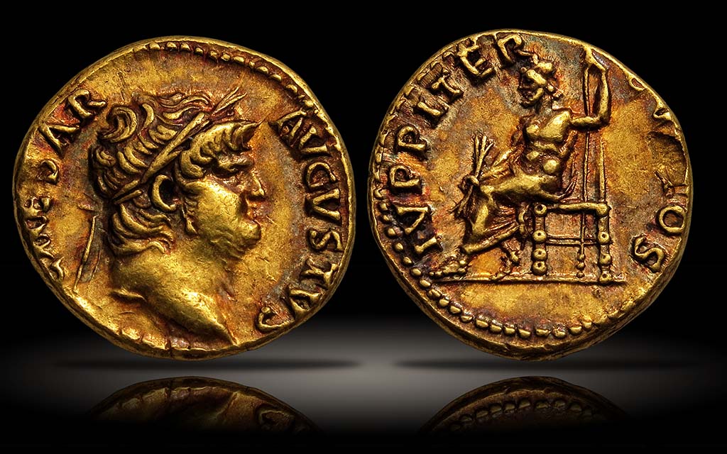 Villa della Pisanella, Boscoreale. Gold aureus of Nero from AD 64-65. On the front is the laureate head facing right and the inscription NERO CAESAR – AVGVSTVS.
On the reverse is the inscription IVPPITER – CVSTOS and Jupiter seated facing left on throne, holding thunderbolt and long sceptre.
Nero believed that because so many people who were so close to him were involved in the conspiracy to overthrow him as emperor and replace him with Gaius Calpurnius Piso he must have only been spared because the gods intervened. Jupiter the Guardian (represented by the inscription Custos - one who preserves and saves) was attributed with this intervention.
Photo © Colosseo Collection. See A Conspiracy to Assassinate the Emperor
